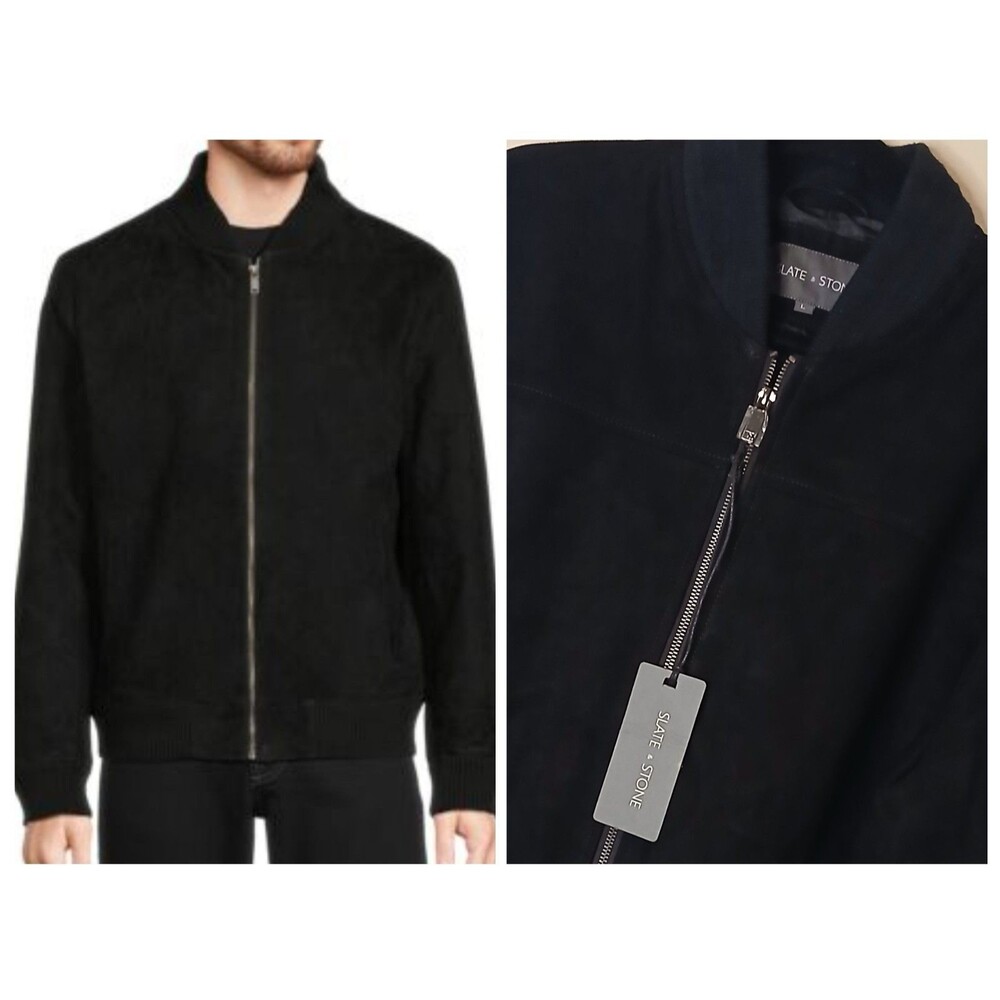 Slate & Stone Mens L Black Bomber Jacket 100% Goat Suede Leather Classic $598